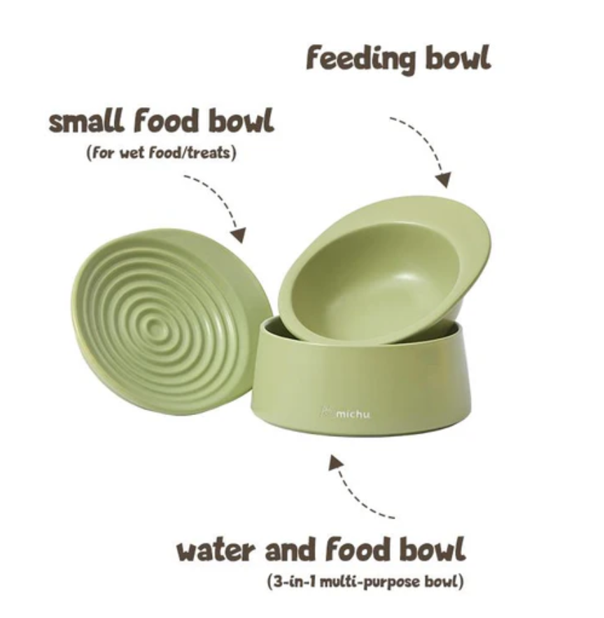 Michu Ceramic 3pcs Dinnerware Set- Raised Bowl and Plate Set for Everyday Pets Essentials