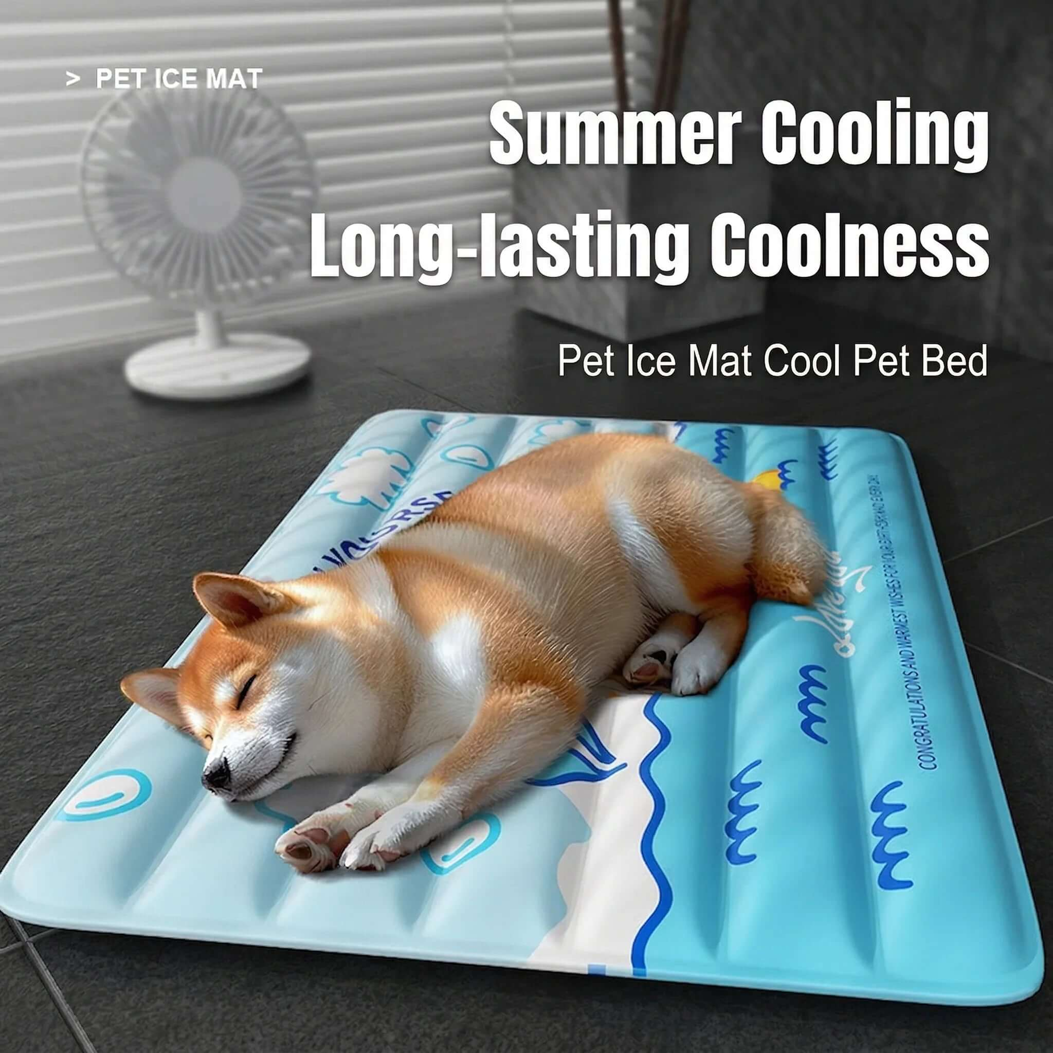 Summer Self-Cooling Gel Pad & Cooling mat for Dogs & Cats with a sleeping dog on a cooling mat.