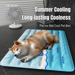 Summer Self-Cooling Gel Pad & Cooling mat for Dogs & Cats with a sleeping dog on a cooling mat.