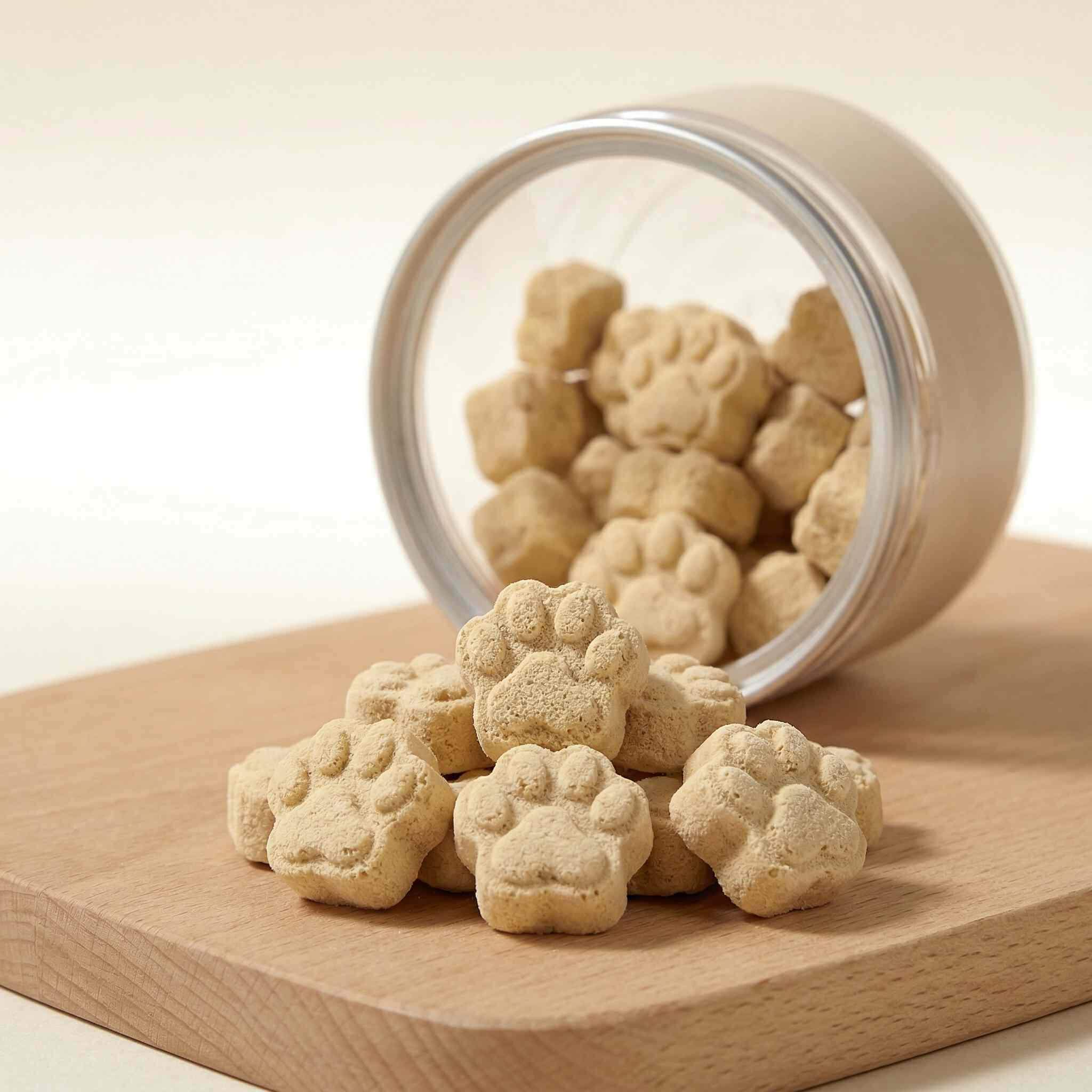PawDry Freeze-Dried Goat Milk - Paw Shape Treats (100g) in a clear jar on a wooden surface.