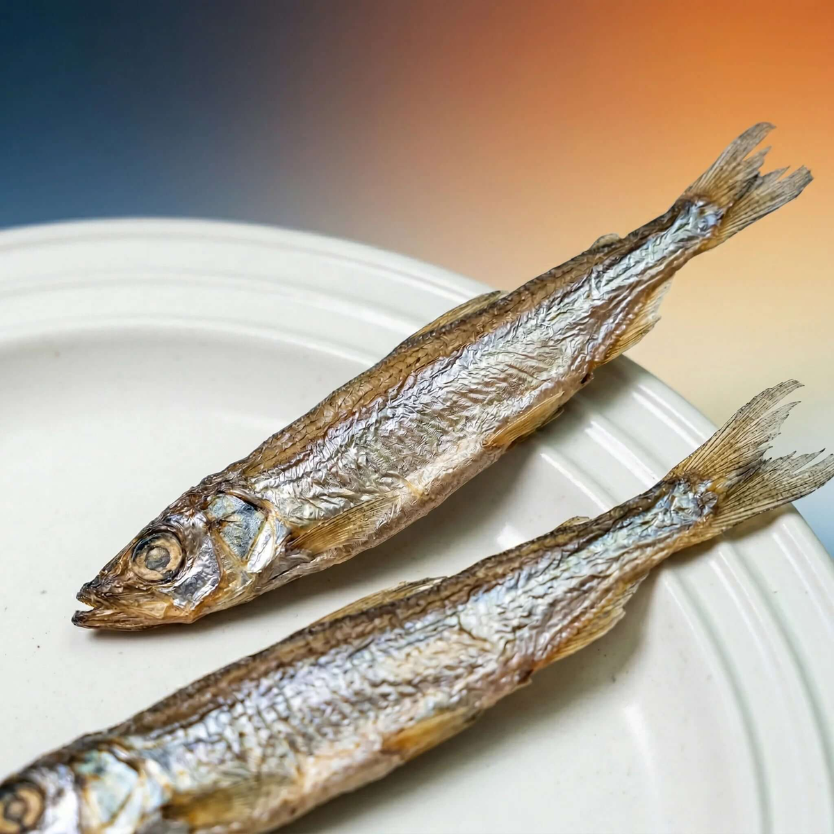 PawDry Freeze-Dried Whole Capelin 100g - Lean & High Protein on a plate, showcases healthy pet treats.