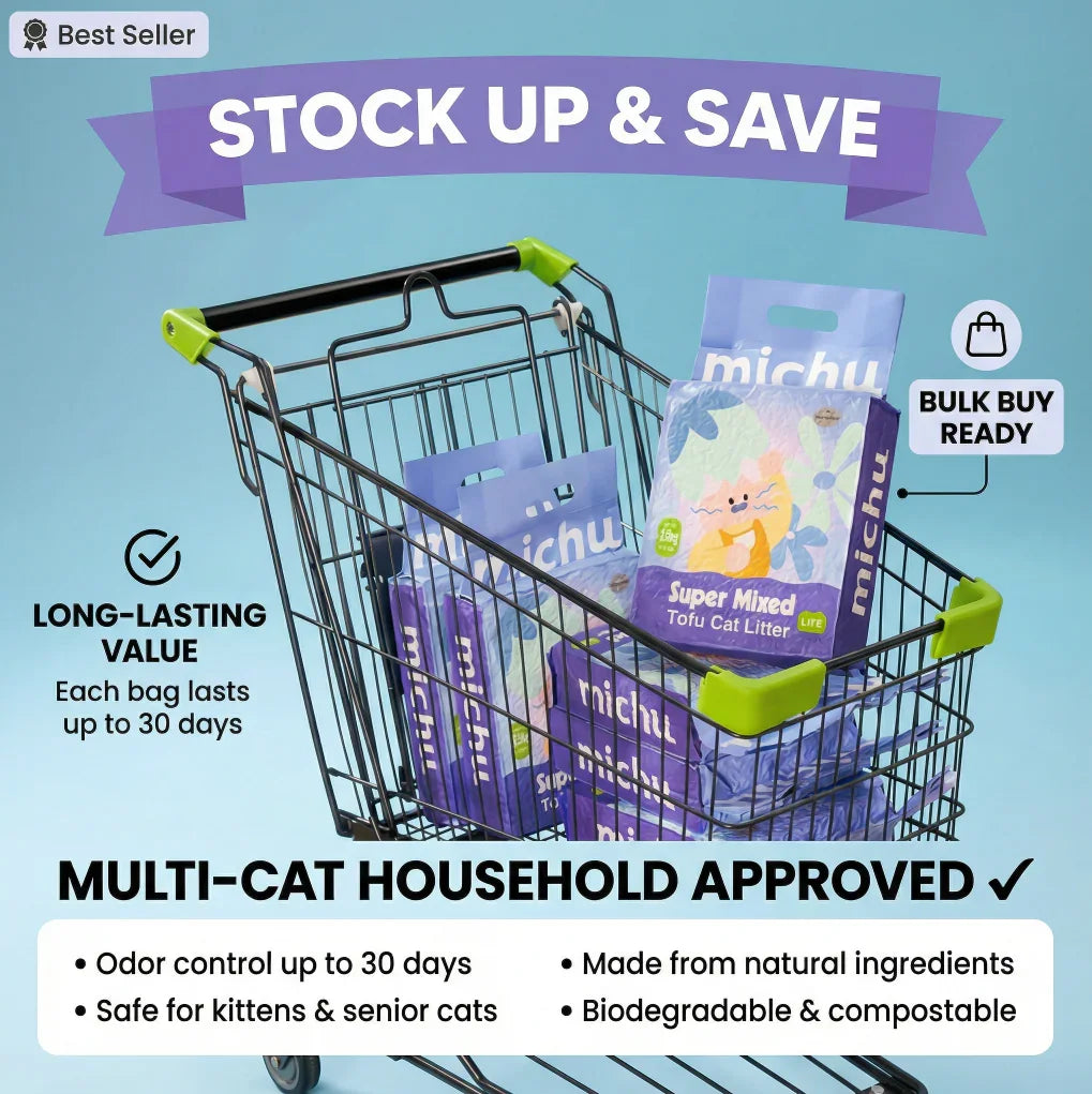 Michu Mixed Clumping Tofu Cat Litter Lite 2.5kg/6L – Flushable& Cost-efficient in shopping cart for stock up & save.