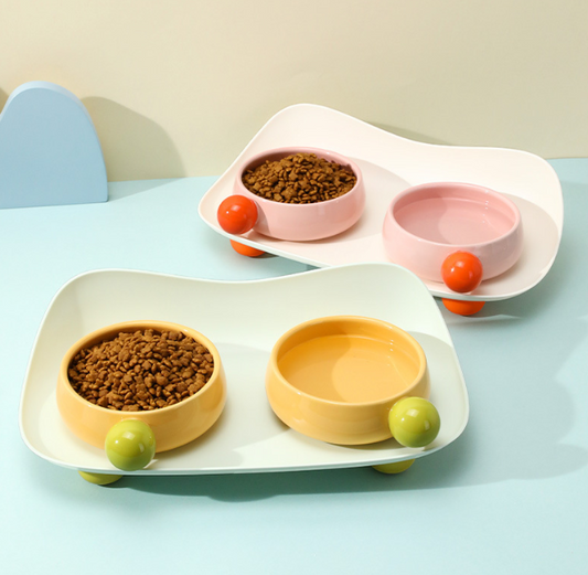 Ceramic Double Bowl with Spill-Proof Tray For Cats & Small Dogs