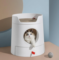 Michu XL Castle 2-in-1 Semi- Closed Cat Litter Box with Scratch Pad in Morandi Green/White
