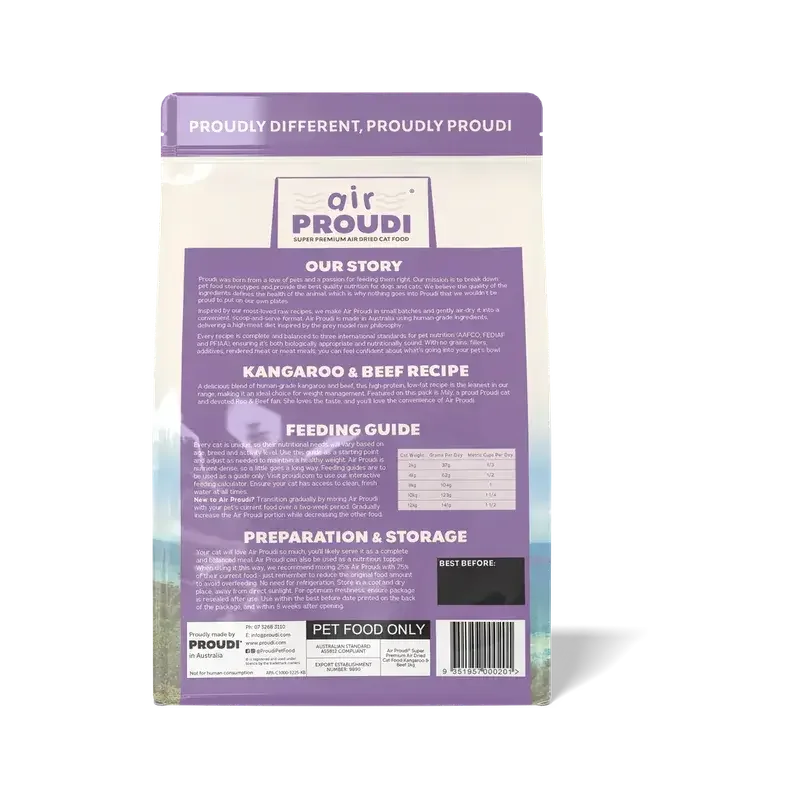 AirProudi Premium Cat Food Air-dried kangaroo & Beef 1kg packaging back view with feeding guide and preparation instructions.