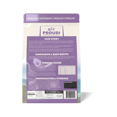 AirProudi Premium Cat Food Air-dried kangaroo & Beef 1kg packaging back view with feeding guide and preparation instructions.
