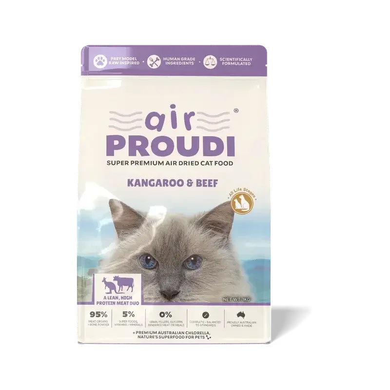 AirProudi Premium Cat Food Air-dried kangaroo & Beef 1kg packaging featuring a cat and product details.