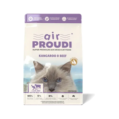 AirProudi Premium Cat Food Air-dried kangaroo & Beef 1kg packaging featuring a cat and product details.