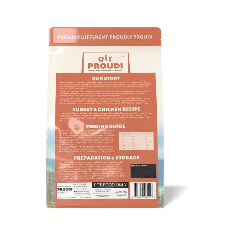 AirProudi Premium Cat Food Air-dried Turkey & Chicken 1kg package back with story and preparation instructions.