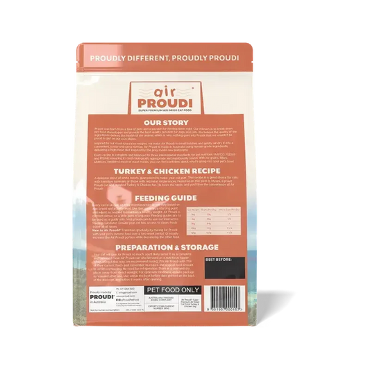 AirProudi Premium Cat Food Air-dried Turkey & Chicken 1kg package back with story and preparation instructions.