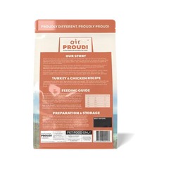 AirProudi Premium Cat Food Air-dried Turkey & Chicken 1kg package back with story and preparation instructions.