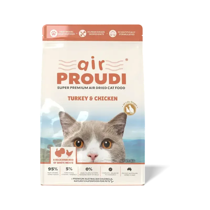 AirProudi Premium Cat Food Air-dried Turkey & Chicken 1kg packaging featuring a cat and nutrition benefits.