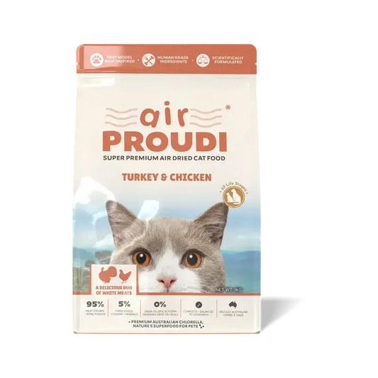AirProudi Premium Cat Food Air-dried Turkey & Chicken 1kg packaging featuring a cat and nutrition benefits.