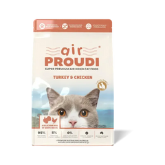 AirProudi Premium Cat Food Air-dried Turkey & Chicken 1kg packaging featuring a cat and nutrition benefits.