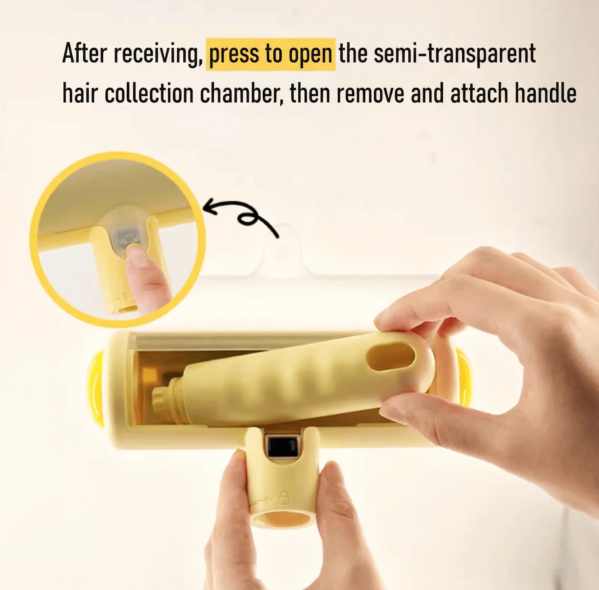 AIWO Static Pet Hair Remover Brush demonstrating the opening of the hair collection chamber.