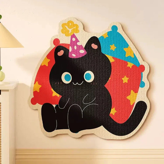 Aesthetic Wall-Mount Cat Scratch Pad Wall Protector featuring a cute black cat design with colorful decorations.