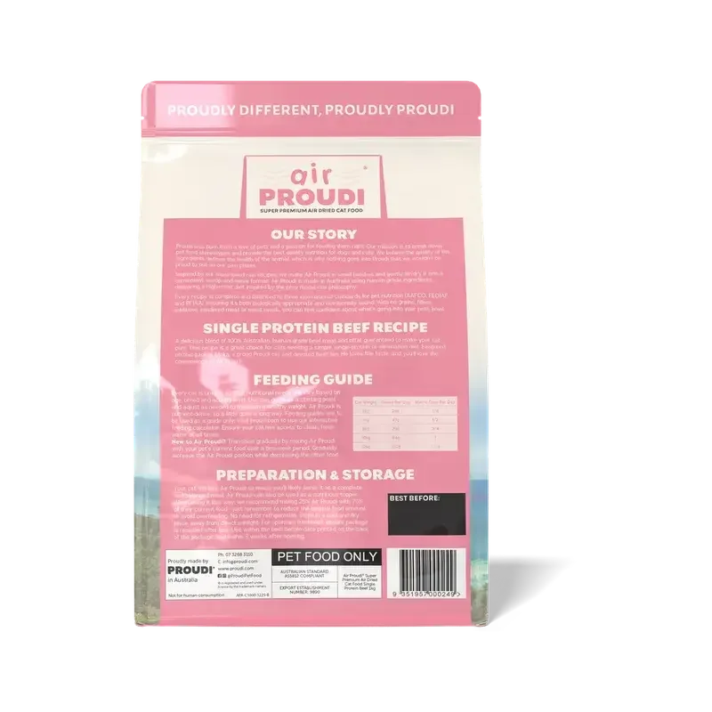 AirProudi Premium Cat Food Air-dried Beef 1kg packaging back showing ingredients and feeding guide.