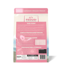 AirProudi Premium Cat Food Air-dried Beef 1kg packaging back showing ingredients and feeding guide.