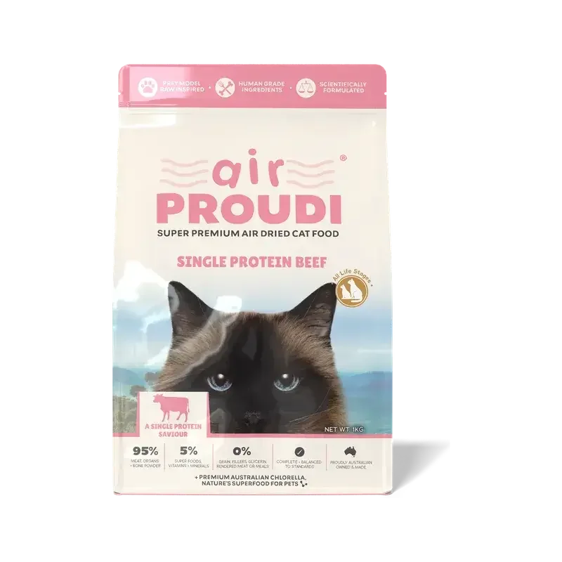 AirProudi Premium Cat Food Air-dried Beef 1kg package featuring single protein beef for cats.