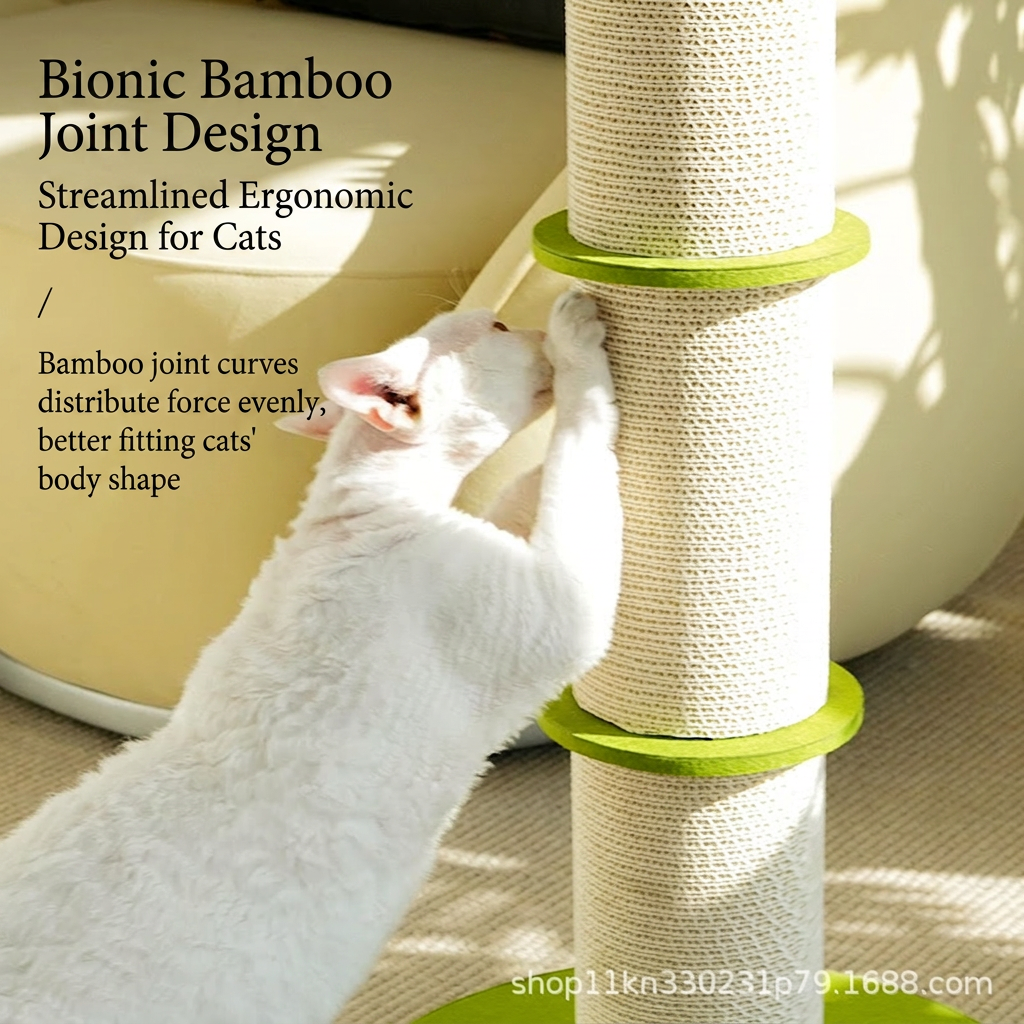 Bamboo Corrugated Cardboard Cat Scratching Post with ergonomic joint design for cats, showcasing a cat scratching the post.