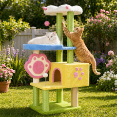 Cat Tree Tower with 360° Rotating Scratch Pad and Sisal Posts 125cm featuring playful cats in a sunny garden.