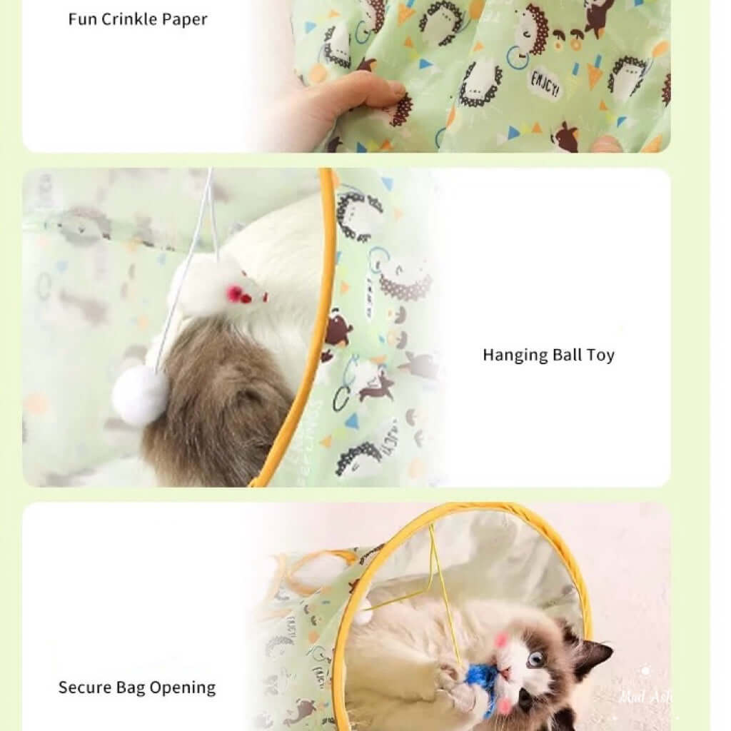 Cat Tunnel Play Bag - Interactive Foldable Cat Toy with Plush Ball & Mouse-PETROOM