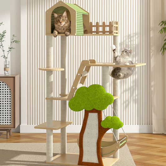 Cat tree with multiple levels and a green tree design, featuring two cats on different platforms.