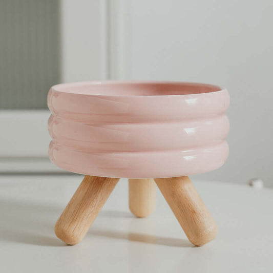 Ceramic Pet Bowls with Wood Stand Elevated Cat & Dog Feeder-Petroom