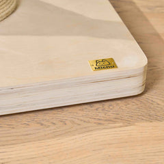 Close-up of the Michu brand logo on a wooden tier of the Fairy Cat Tower Deluxe.