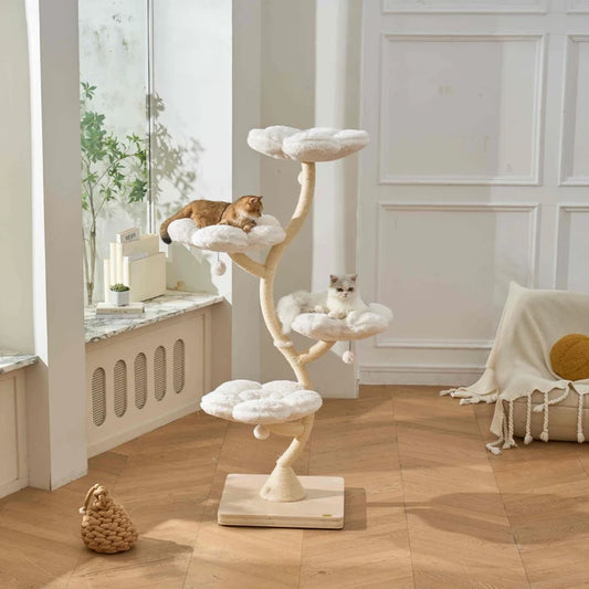 Michu Fairy Cat Tower deluxe 4-tier flower-shaped cat tree with two cats in a bright room