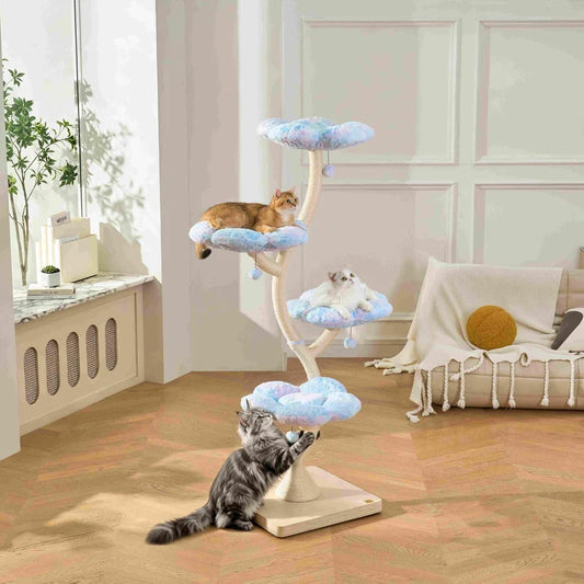 Three cats playing on a Michu Fairy Cat Tower with cloud-shaped platforms in a modern room.