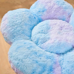 Michu pastel blue and purple fluffy flower-shaped cat bed cushion.