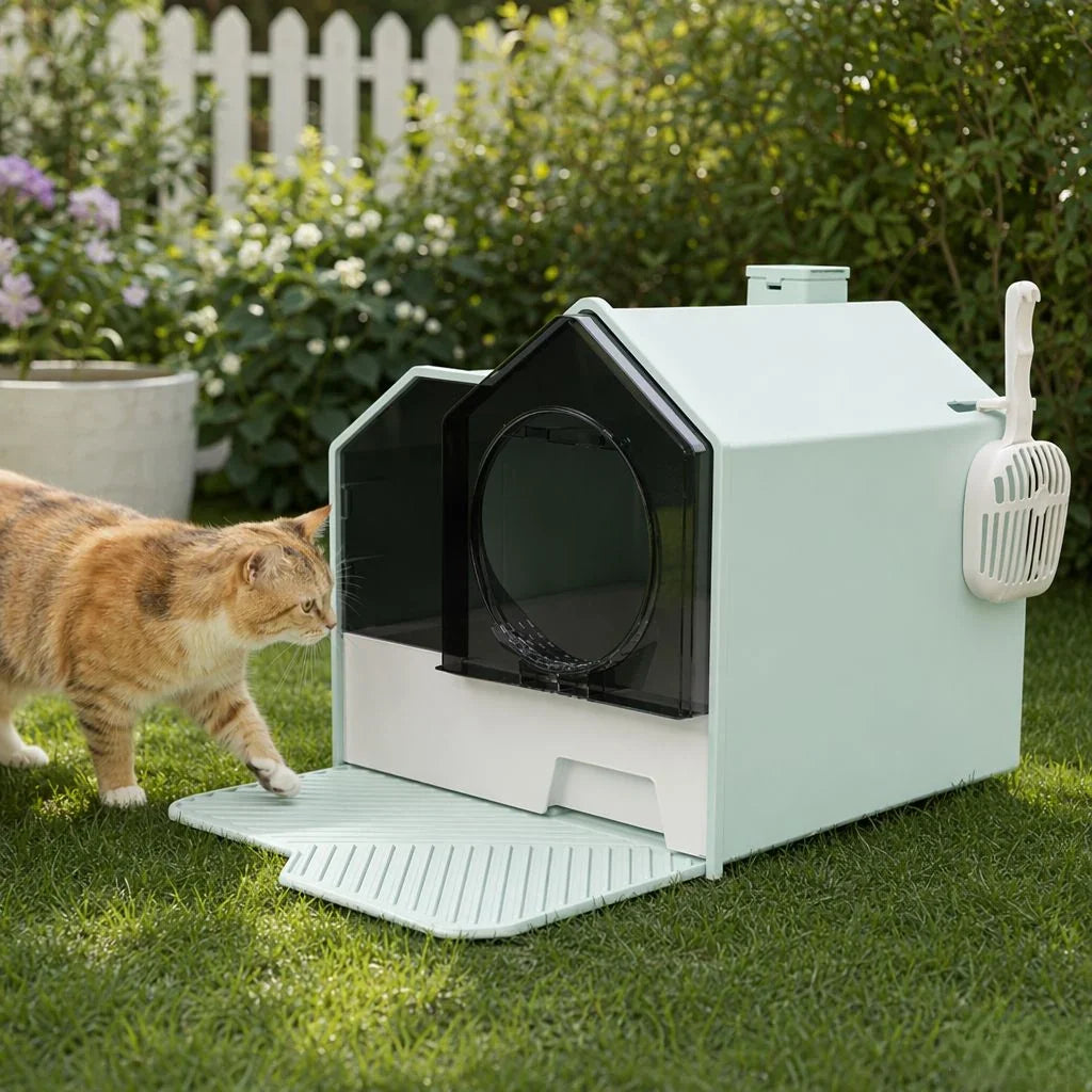Cat approaching modern enclosed litter box in garden, mint green with black entrance and scoop