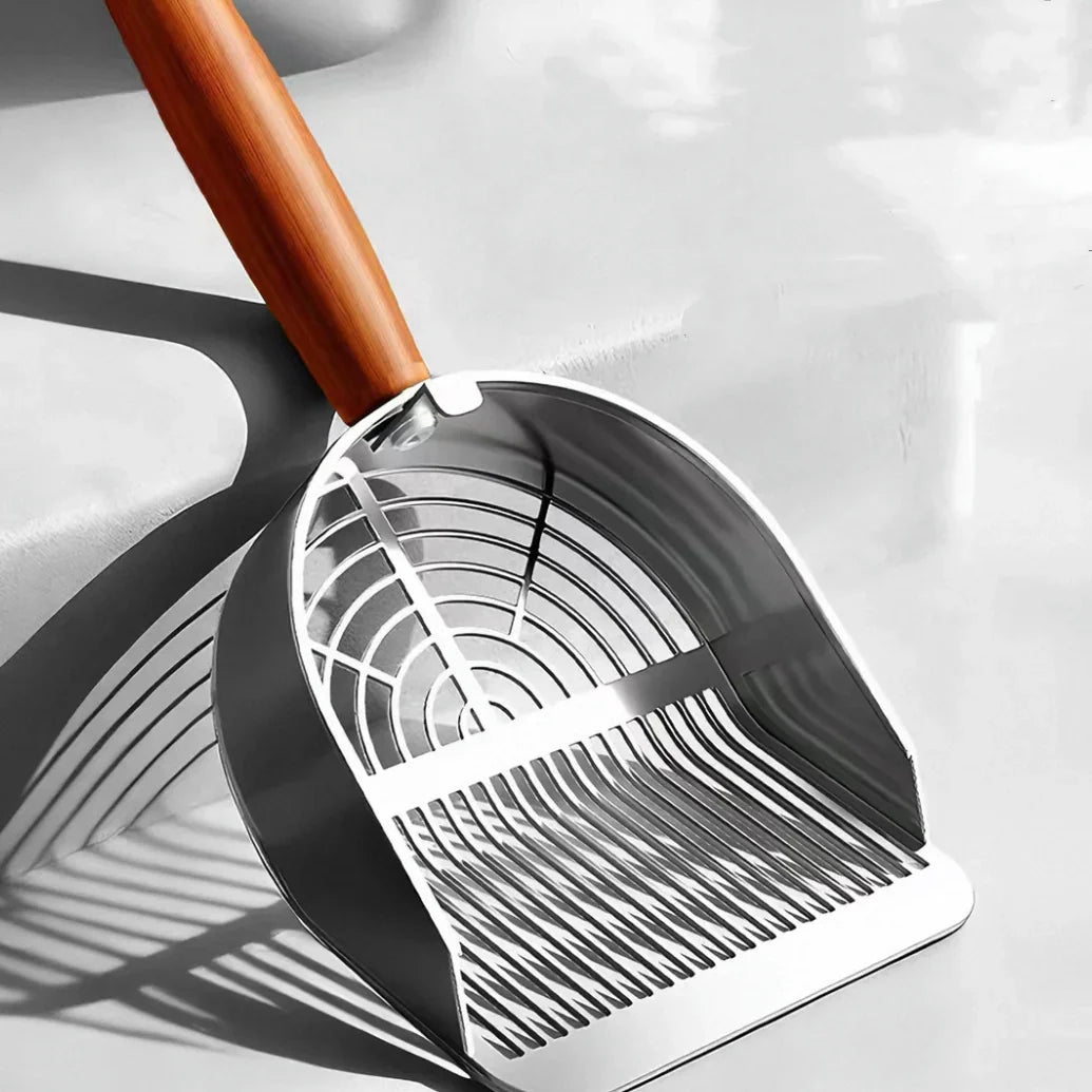 Heavy-Duty 304 Stainless Steel Cat Tofu Litter Scoop with Wooden Handle