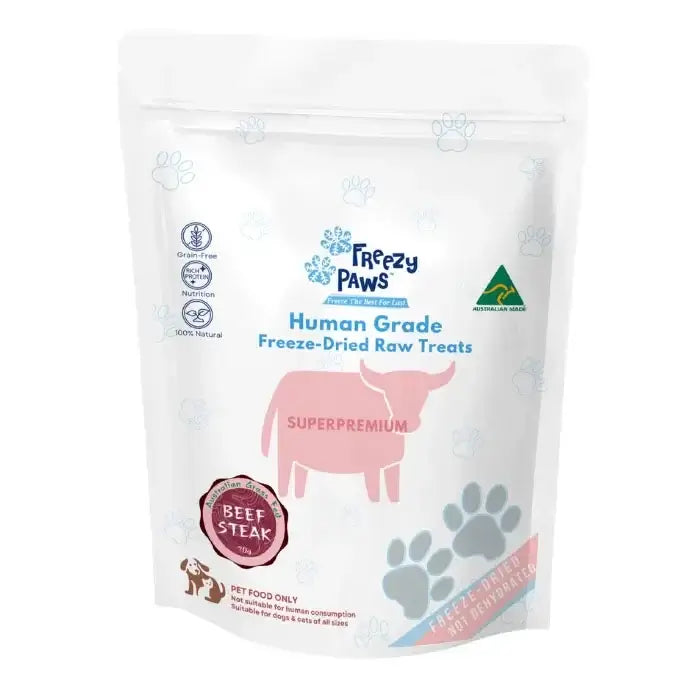 Freezy Paws Freeze Dried Beef Steak Pet Treat 70g - Freeze Dried Cat Treat packaging with beef steak label.