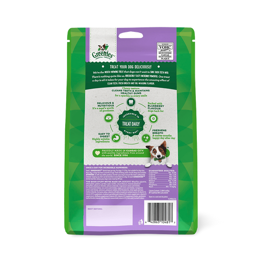 Greenies Blueberry Flavour Regular Dental Dog Treats 12 Chews packaging back view with nutritional info and benefits.