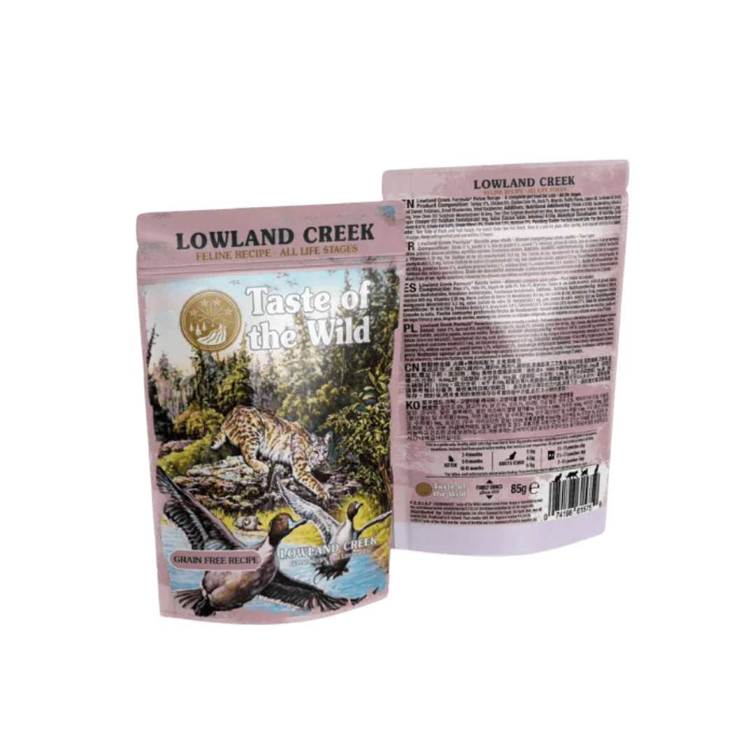 Taste of the Wild Grain-Free Lowland Creek Feline Recipe - Chunks in Gravy 85g x 12 Pack packaging image.