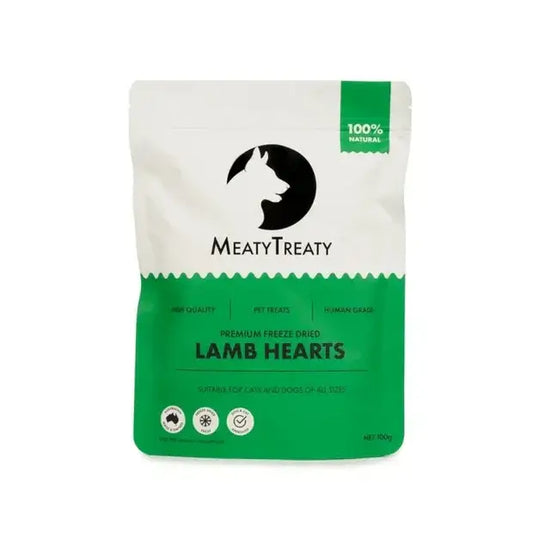 Meaty Treaty Freeze Dried Lamb Hearts for Dogs & Cats – Cat Treats Australia 100g package, showcasing premium pet treats.