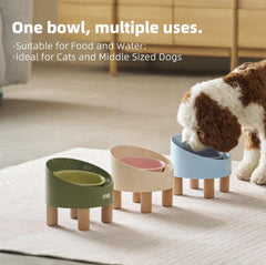 Makesure Rolls Elevated Ceramic Pet Bowl with Wooden Stand-Petroom