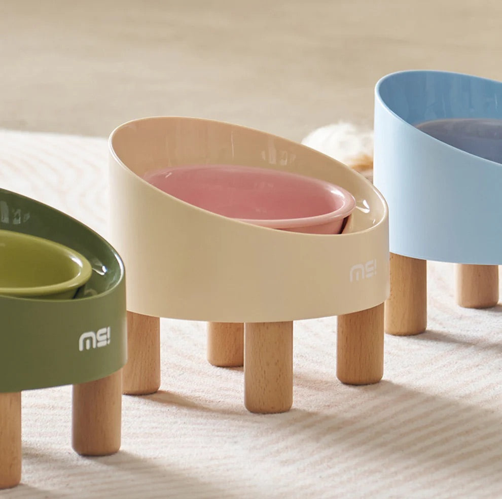 Makesure Rolls Elevated Ceramic Pet Bowl with Wooden Stand-Petroom