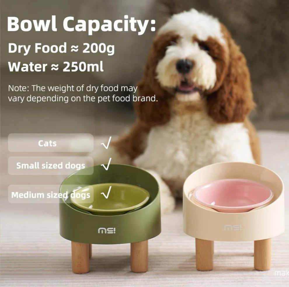 Makesure Rolls Elevated Ceramic Pet Bowl with Wooden Stand-Petroom