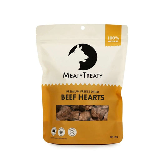 Meaty Treaty Freeze Dried Beef Hearts Australian Cat Treats for Dogs & Cats 100g packaging with natural ingredients.