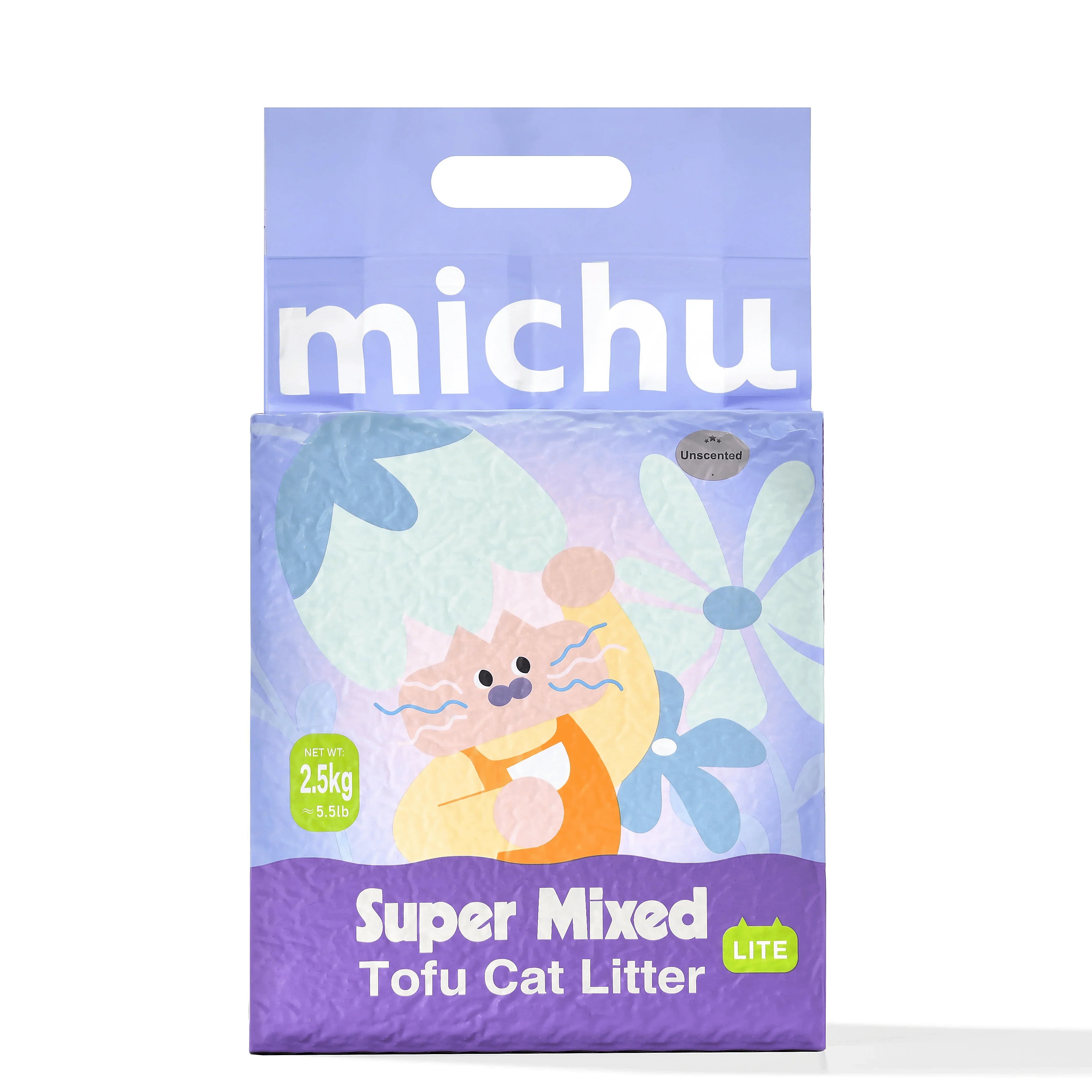 Michu Mixed Clumping Tofu Cat Litter Lite 2.5kg/6L – Flushable& Cost-efficient packaging with playful design