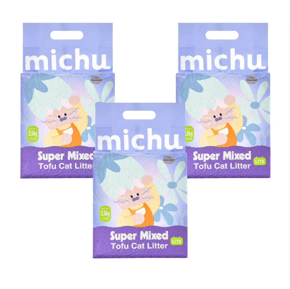 Michu Mixed Clumping Tofu Cat Litter Lite 2.5kg/6L – Flushable& Cost-efficient packages arranged together