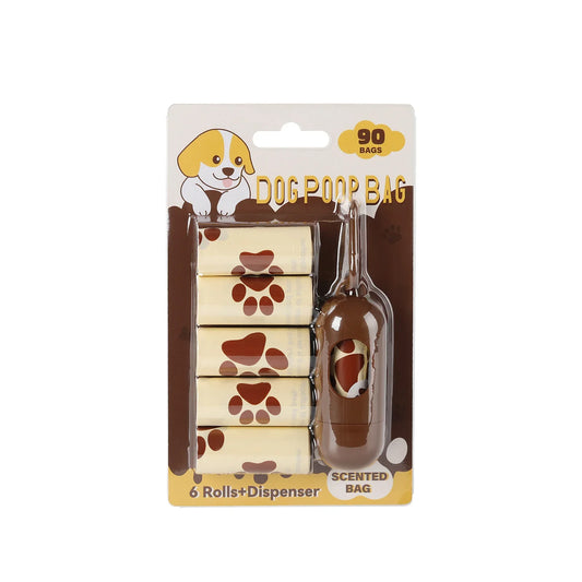 Dog poop bags set with brown paw print rolls and dispenser in retail packaging, 90 bags included