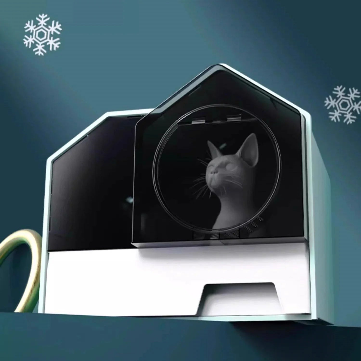 Modern cat litter box with sleek design, featuring a cozy cat inside, perfect for stylish pet homes.