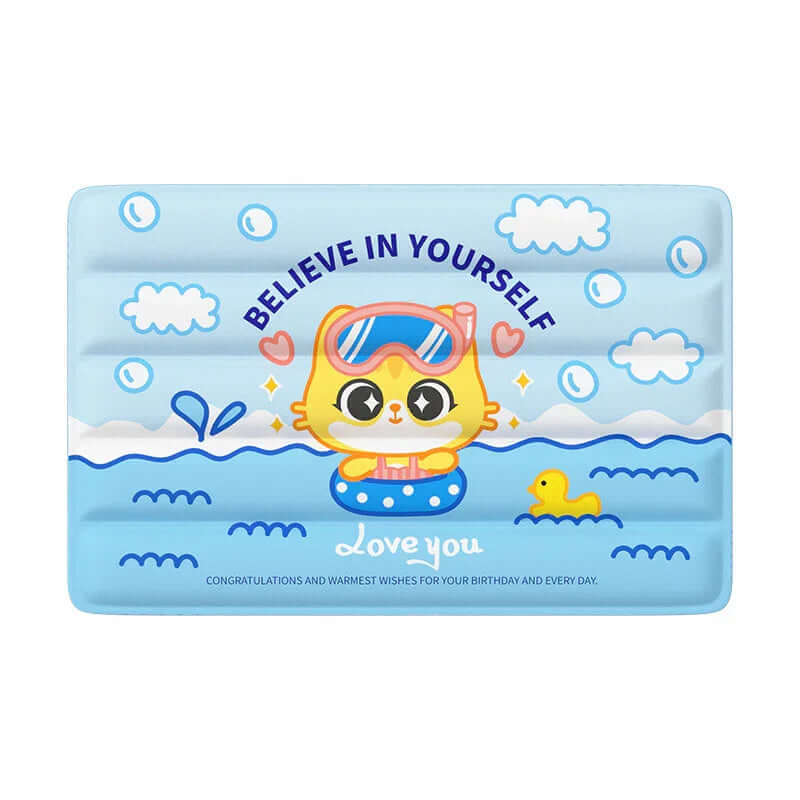 Summer Self-Cooling Gel Pad & Cooling mat for Dogs & Cats featuring a cute cat design and a motivational message.