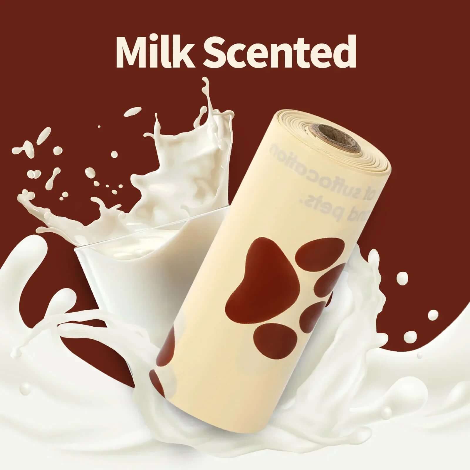 Milk Scented eco-friendly dog poo bag refill roll with paw prints and a splash of milk.