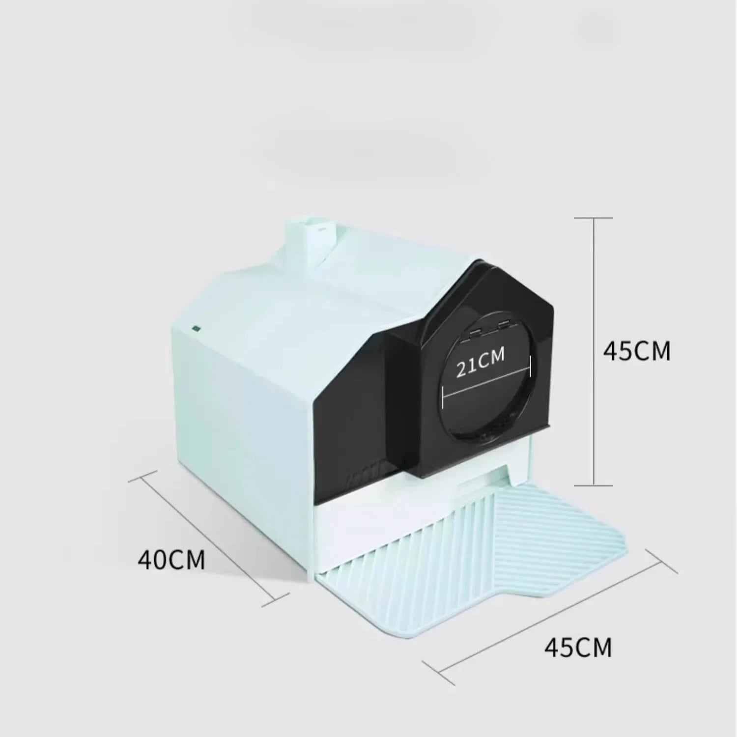 Modern cat litter box with house design, 45cm height, 40cm width, 21cm entrance, mint green and black