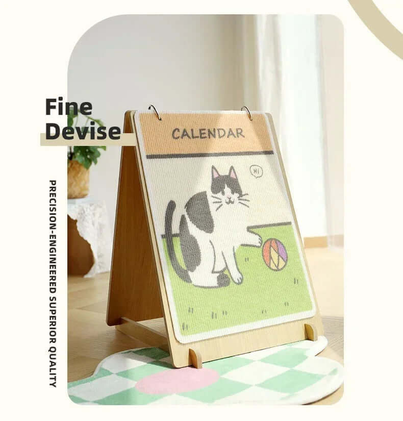 Cute cat calendar on wooden stand, perfect for pet lovers' home decor with playful design